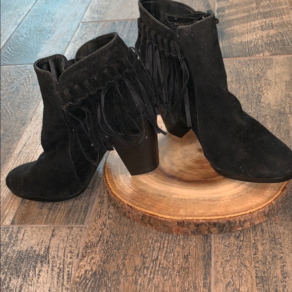 Black Suede Fringe Booties - Picture 3 of 6
